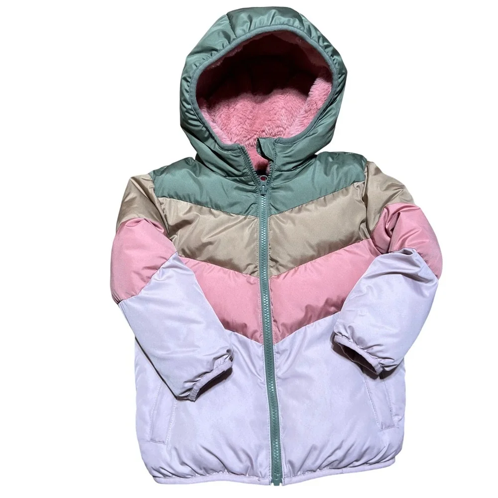 Swiss Tech Kids Girls 4T Puffer Jacket Pink Green Tan Lined Hooded Winter Coat‎
